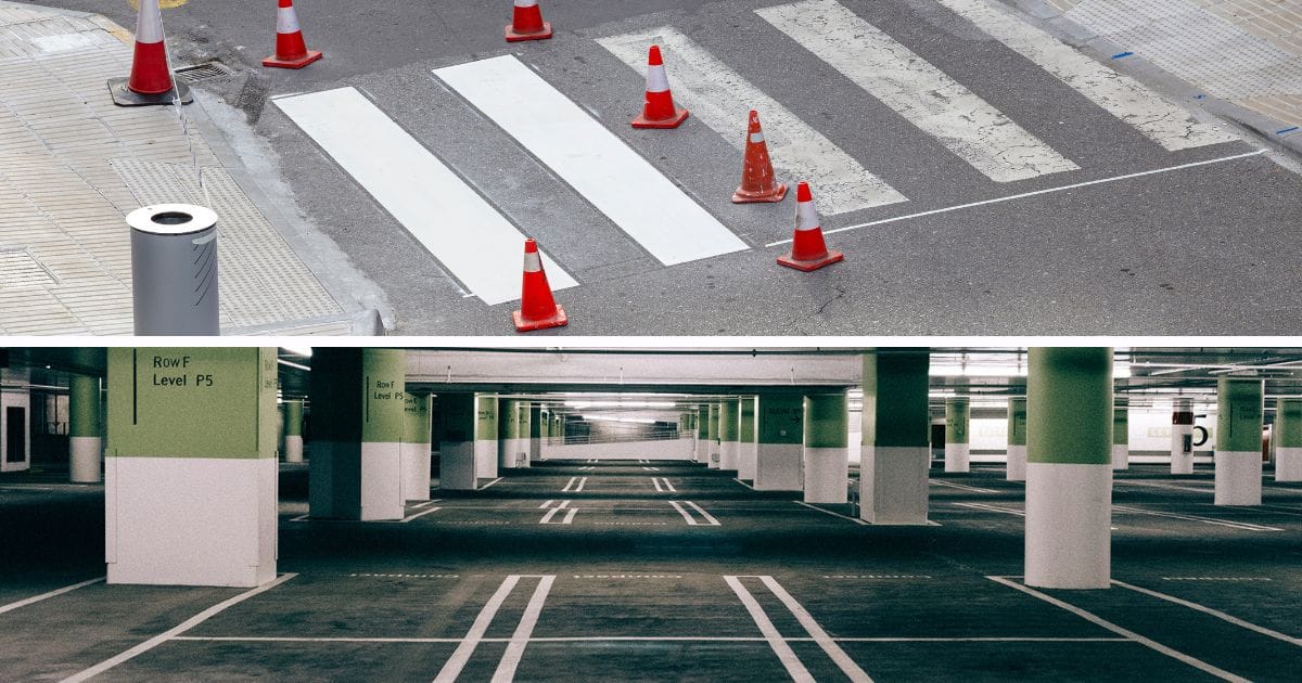 A crosswalk being repainted and a parking deck with fresh paint